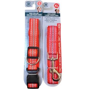 Red Stripe Dog Leash & Collar Combo Large 18"-24" Neck NEW 2pc Set
